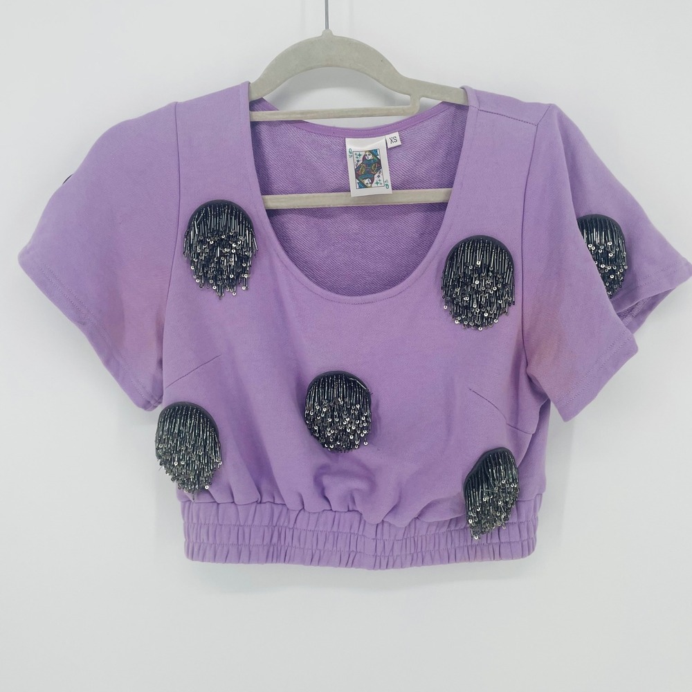 Queen of Sparkles Lilac Purple Beaded Disco Cropped Short Sleeve Sweatshirt XS